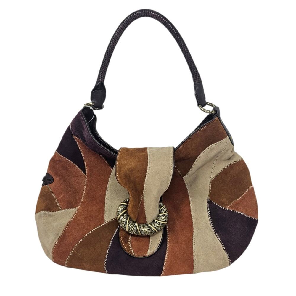 Vintage Y2K Cole Haan Brown Leather Patchwork Bag Boho Large Buckle Whimsygoth